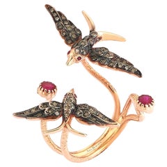 Aida Bergsen 14 Karat Gold, Diamond and Ruby Swallow Ring