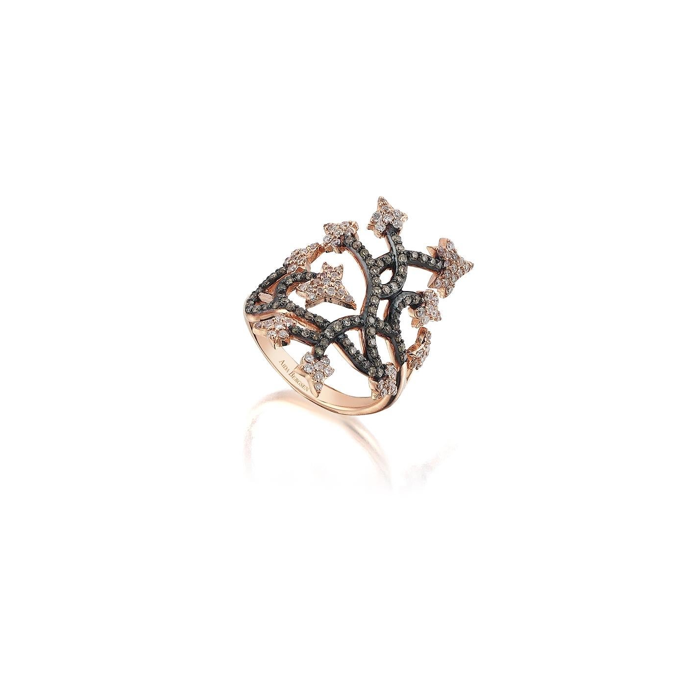 Round Cut Aida Bergsen 14 Karat Rose Gold and Blackened Rose Gold Diamond Short Ivy Ring For Sale