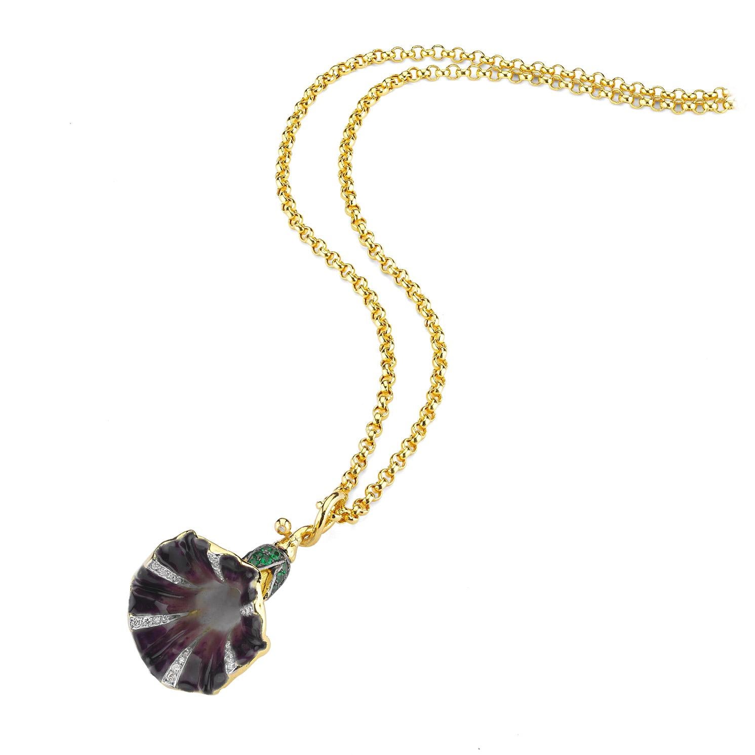 Aida Bergsen 18 Karat Gold Diamond Garnet and Enamel Violet Convolvulus Pendant For Sale