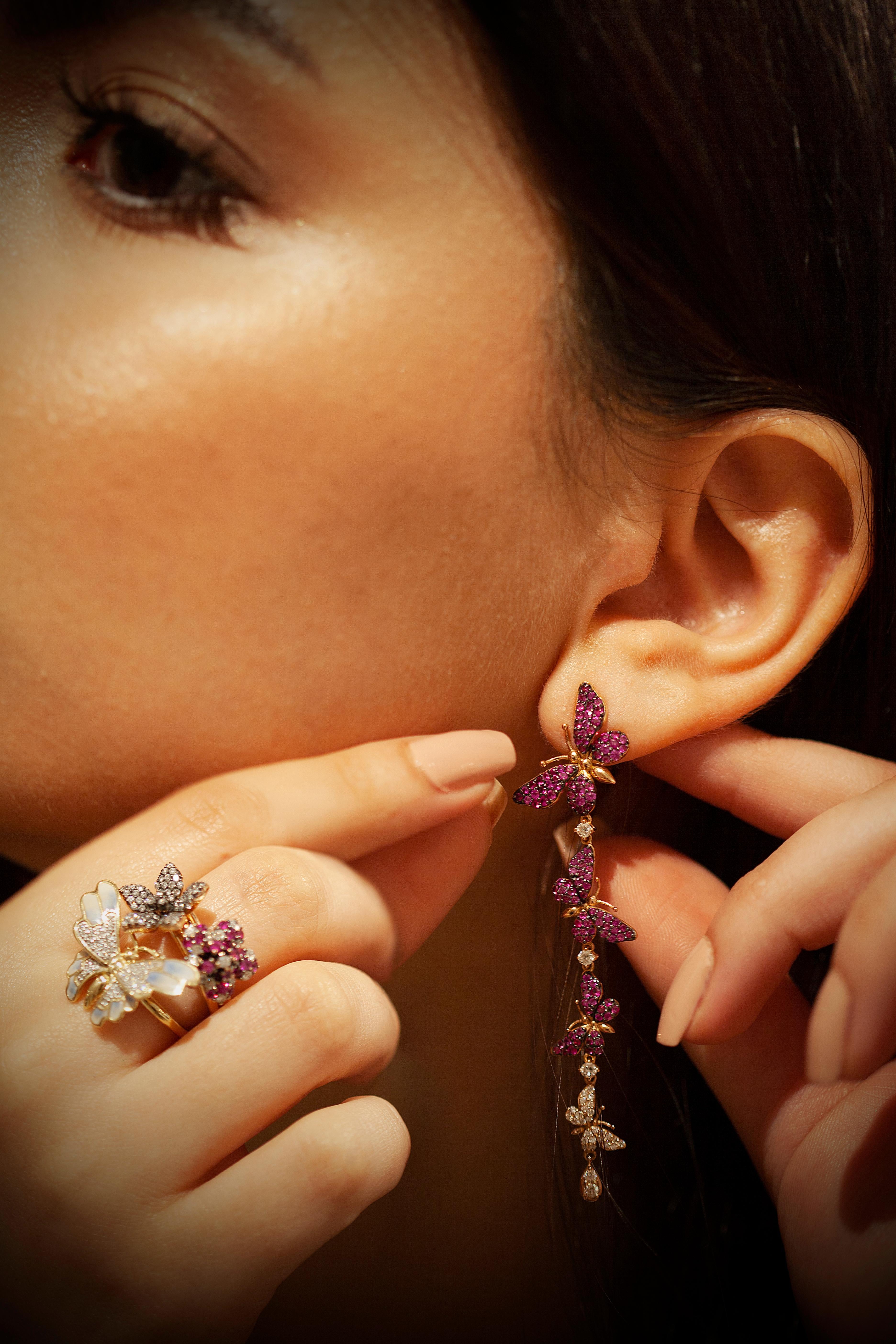 Round Cut Aida Bergsen 18 Karat Rose Gold, Pink Sapphire and Diamond Long Flutter Earrings For Sale