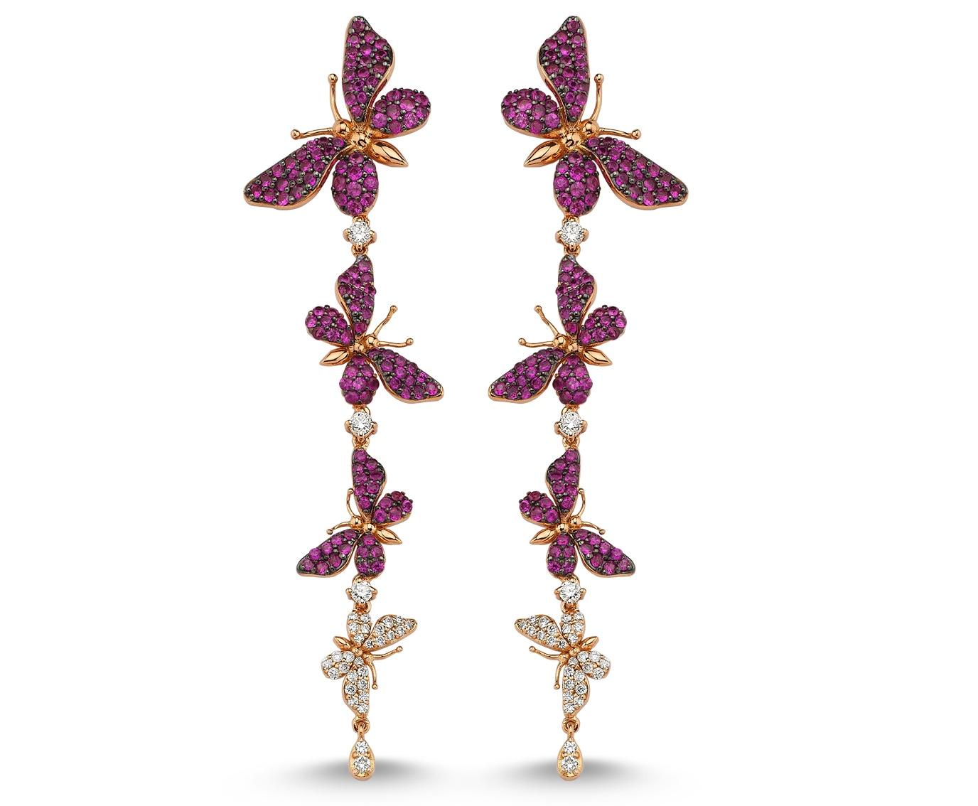 Aida Bergsen 18 Karat Rose Gold, Pink Sapphire and Diamond Long Flutter Earrings In New Condition For Sale In Istanbul, TR