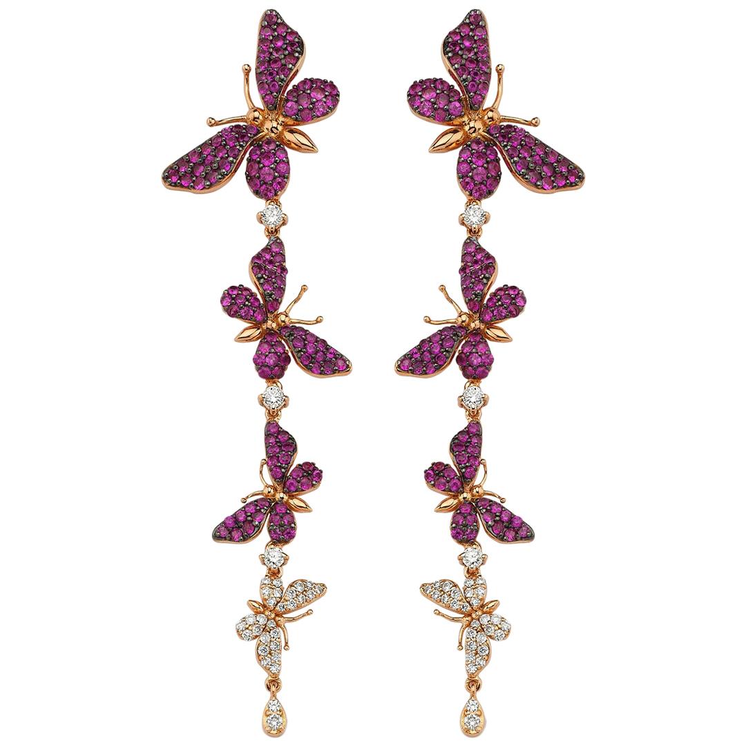 Aida Bergsen 18 Karat Rose Gold, Pink Sapphire and Diamond Long Flutter Earrings For Sale