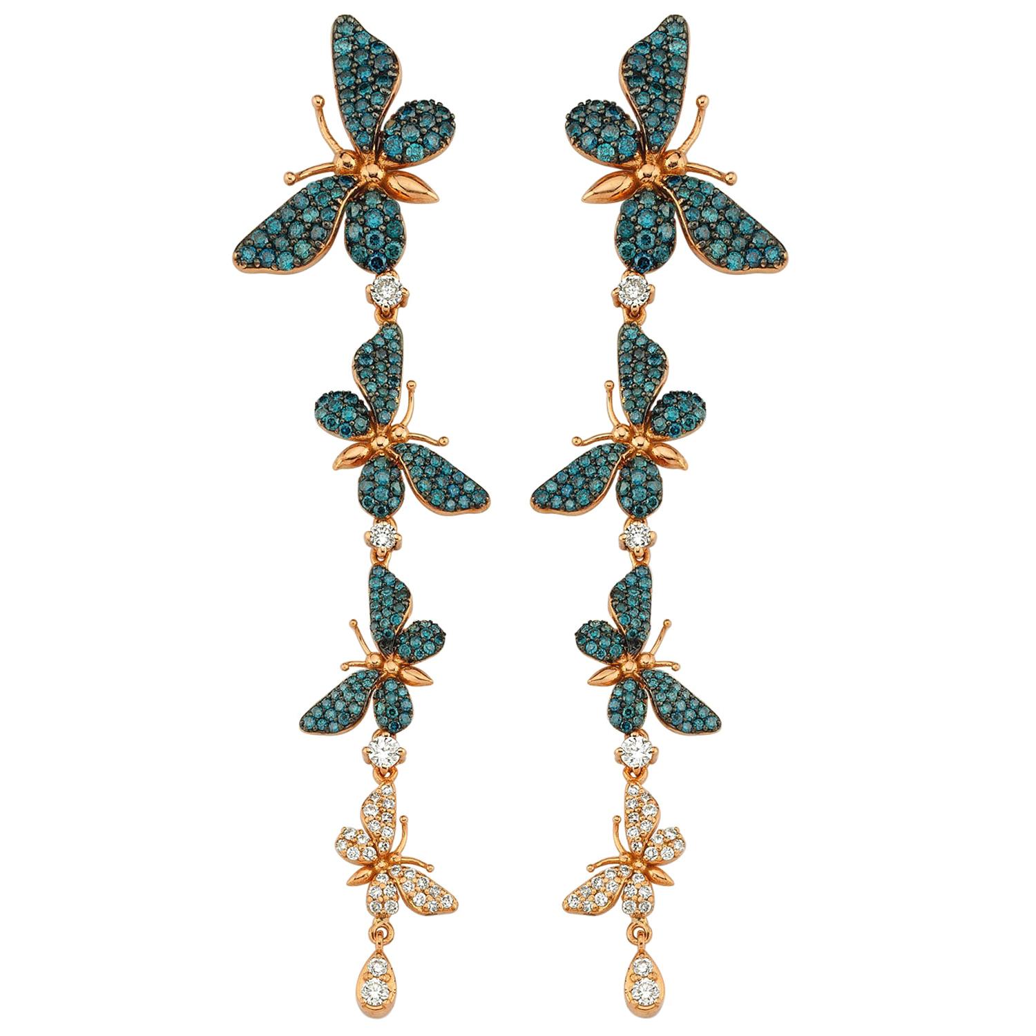 Aida Bergsen 18 Karat Rose Gold, White and Blue Diamond Long Flutter Earrings For Sale