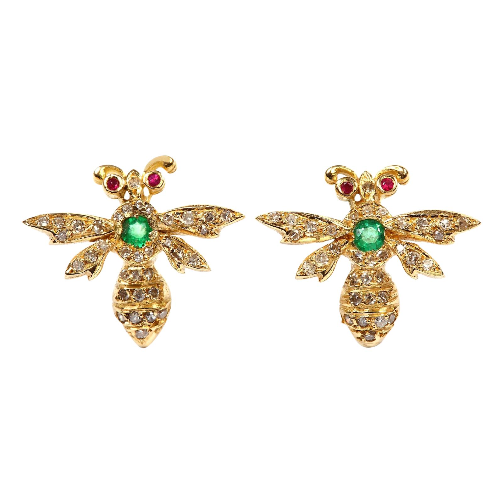 Aida Bergsen 18 Karat Yellow Gold Diamond Emerald Ruby Wasp Stud Earrings For Sale