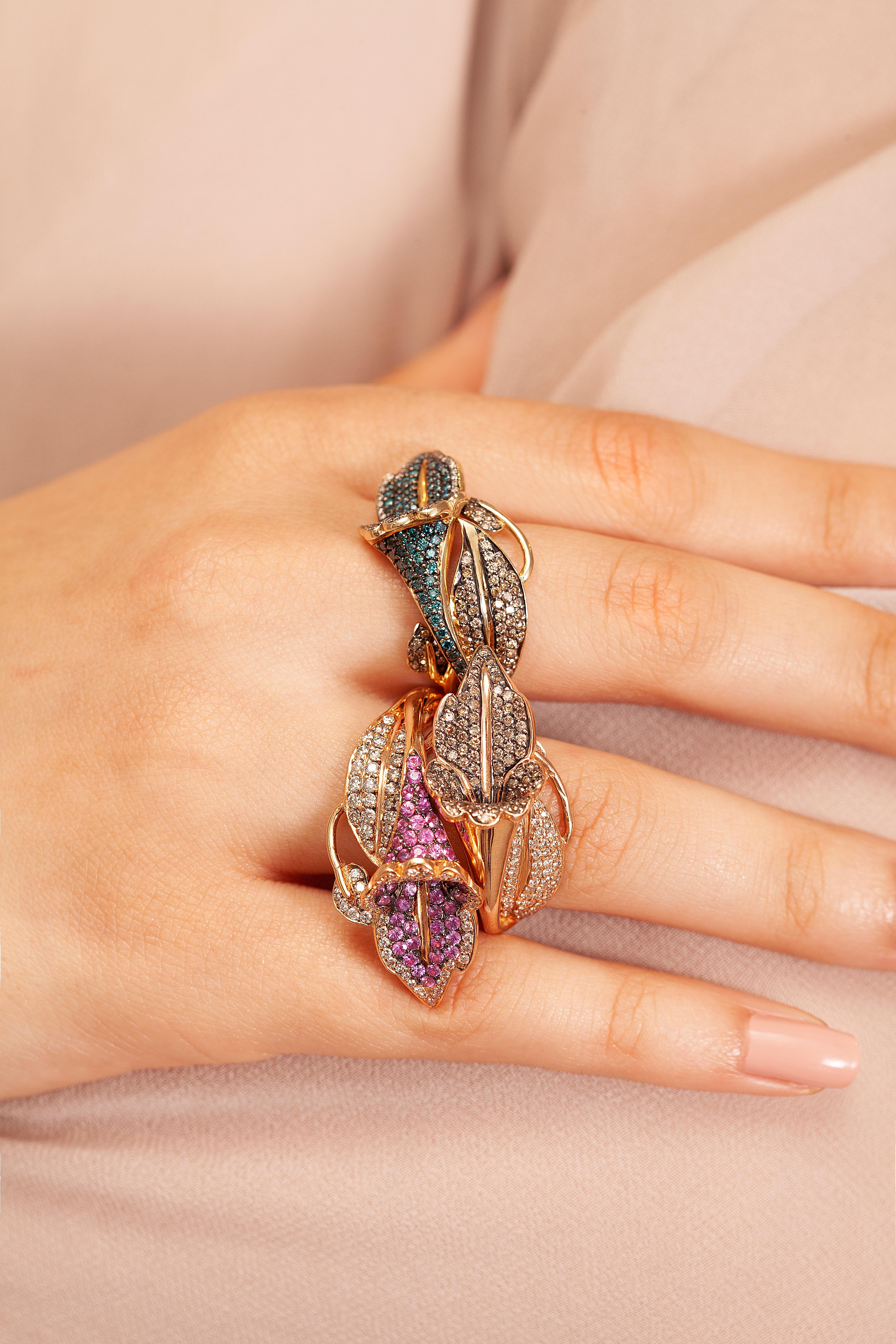 Belonging to the Aida Bergsen Stacking Series, the Pink Campanula Ring is a subtle yet powerful statement piece. This piece is set in 18k rose gold with 0,67ct diamonds and 1,30ct pink sapphires.

A humble yet astonishing flower that brightens up