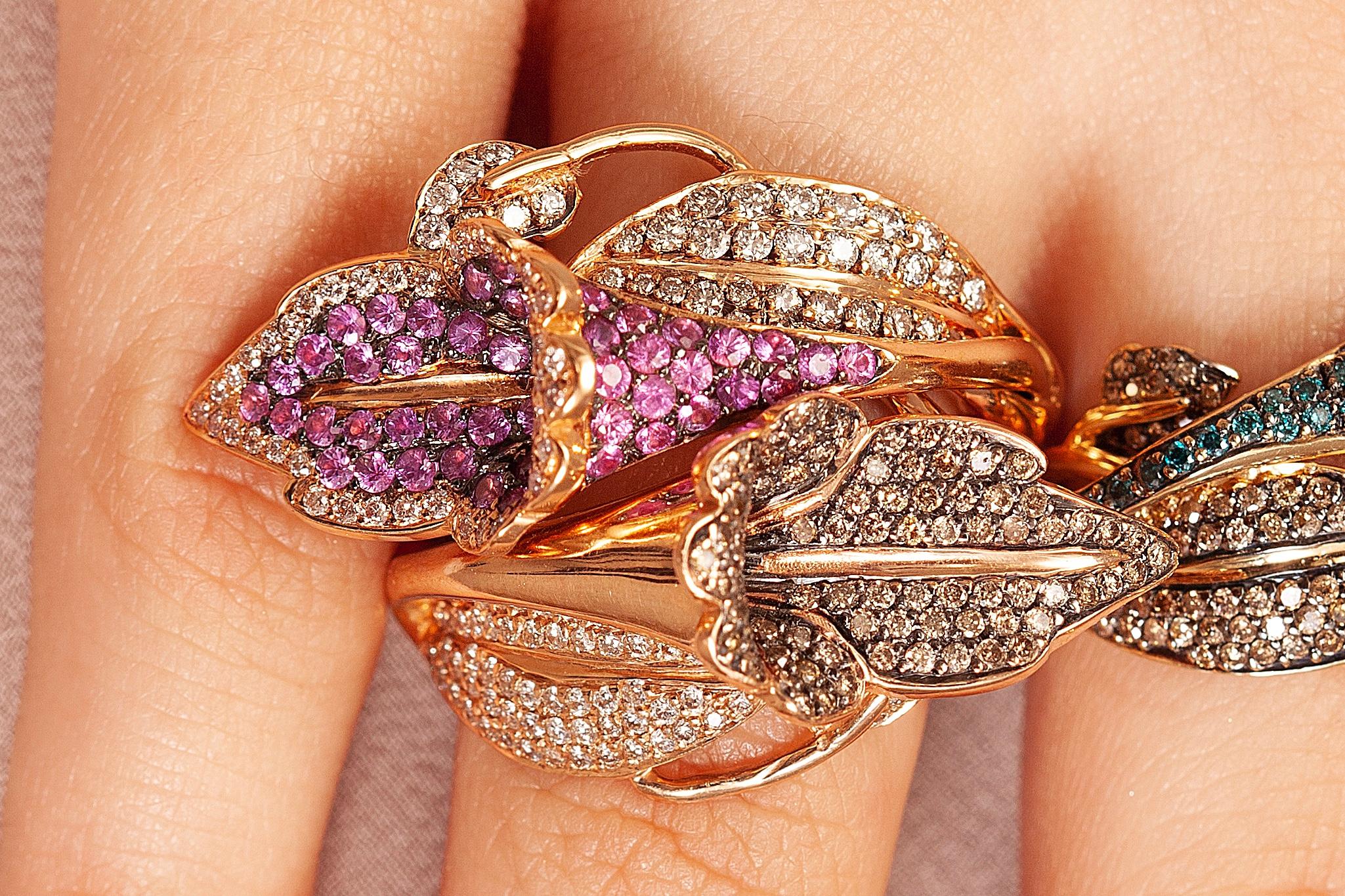 Aida Bergsen 18 Karat Rose Gold Diamond and Pink Sapphire Pink Campanula Ring In New Condition For Sale In Istanbul, TR