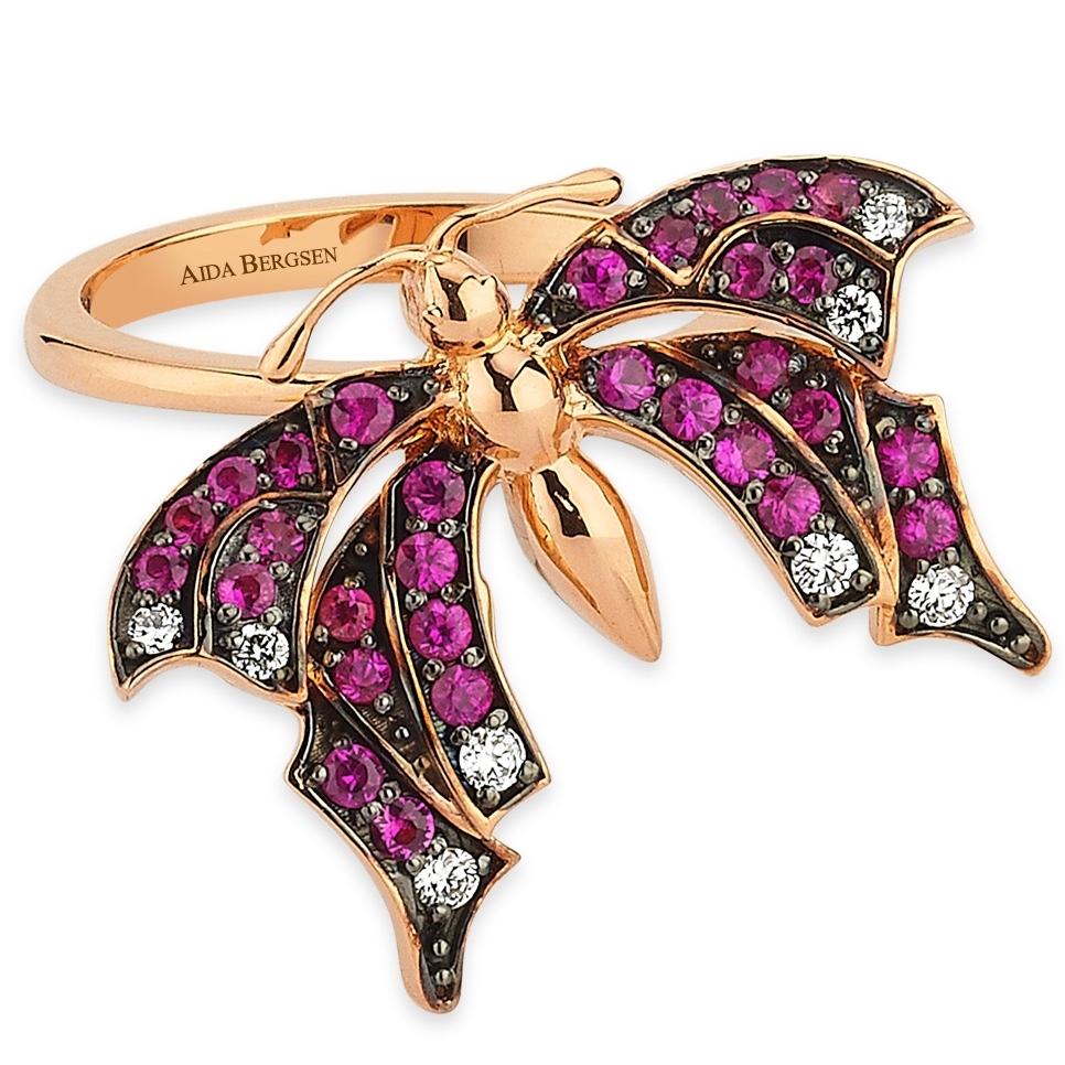 Aida Bergsen 14 Karat Rose Gold Round Cut Diamonds and Pink Sapphires Goth Ring In New Condition For Sale In Istanbul, TR