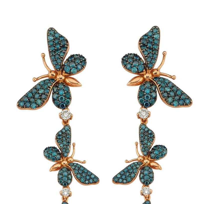 Round Cut Aida Bergsen 18 Karat Rose Gold, White and Blue Diamond Long Flutter Earrings For Sale