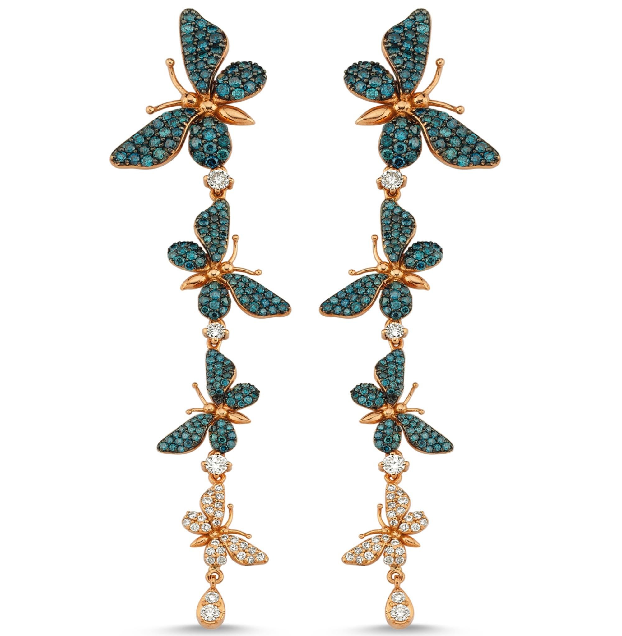 Aida Bergsen 18 Karat Rose Gold, White and Blue Diamond Long Flutter Earrings In New Condition For Sale In Istanbul, TR