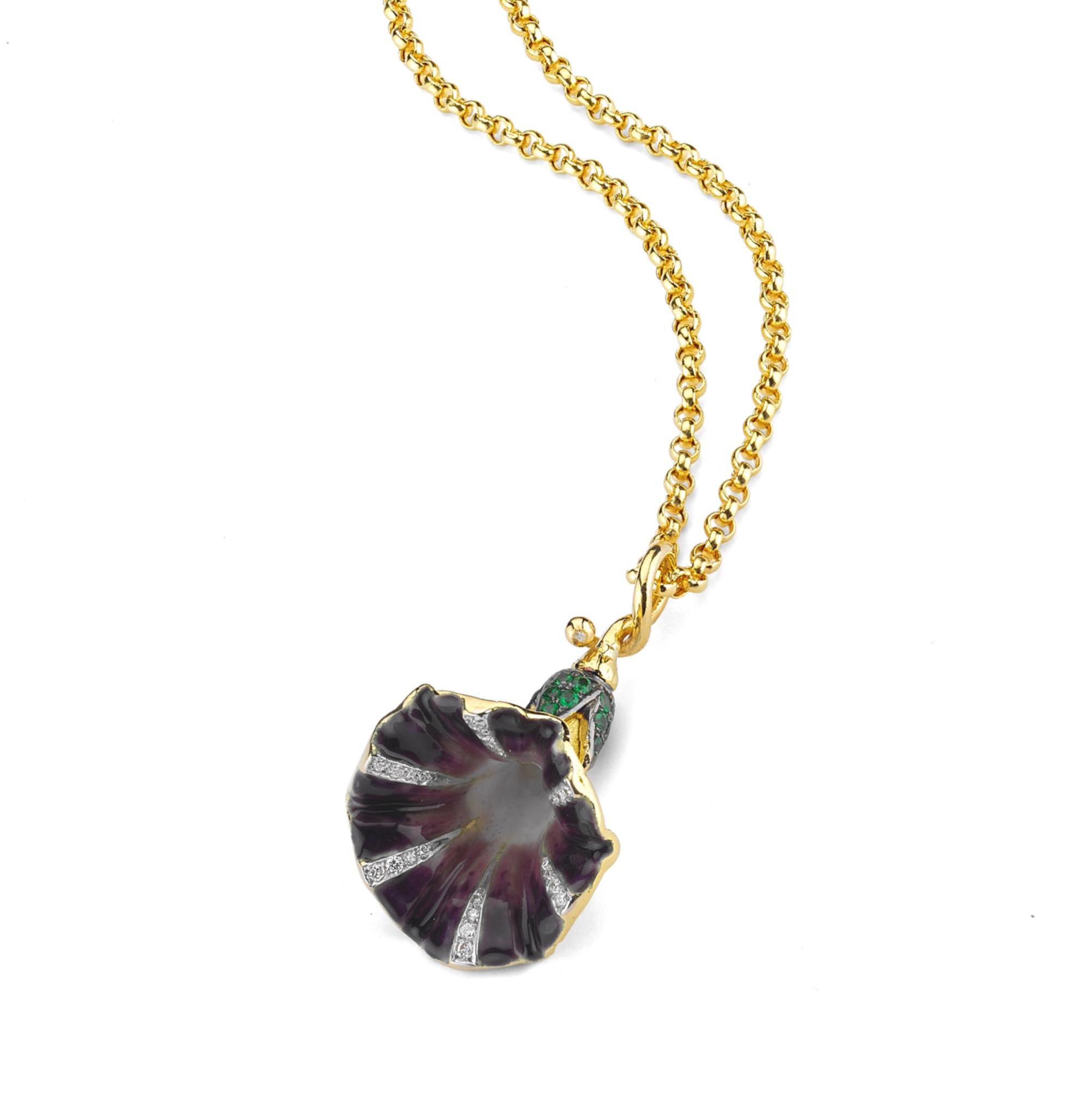 Aida Bergsen 18 Karat Gold Diamond Garnet and Enamel Violet Convolvulus Pendant In New Condition For Sale In Istanbul, TR