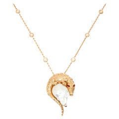 Aida Bergsen Rose Gold Diamond Ruby and Baroque Pearl Crocodile Necklace