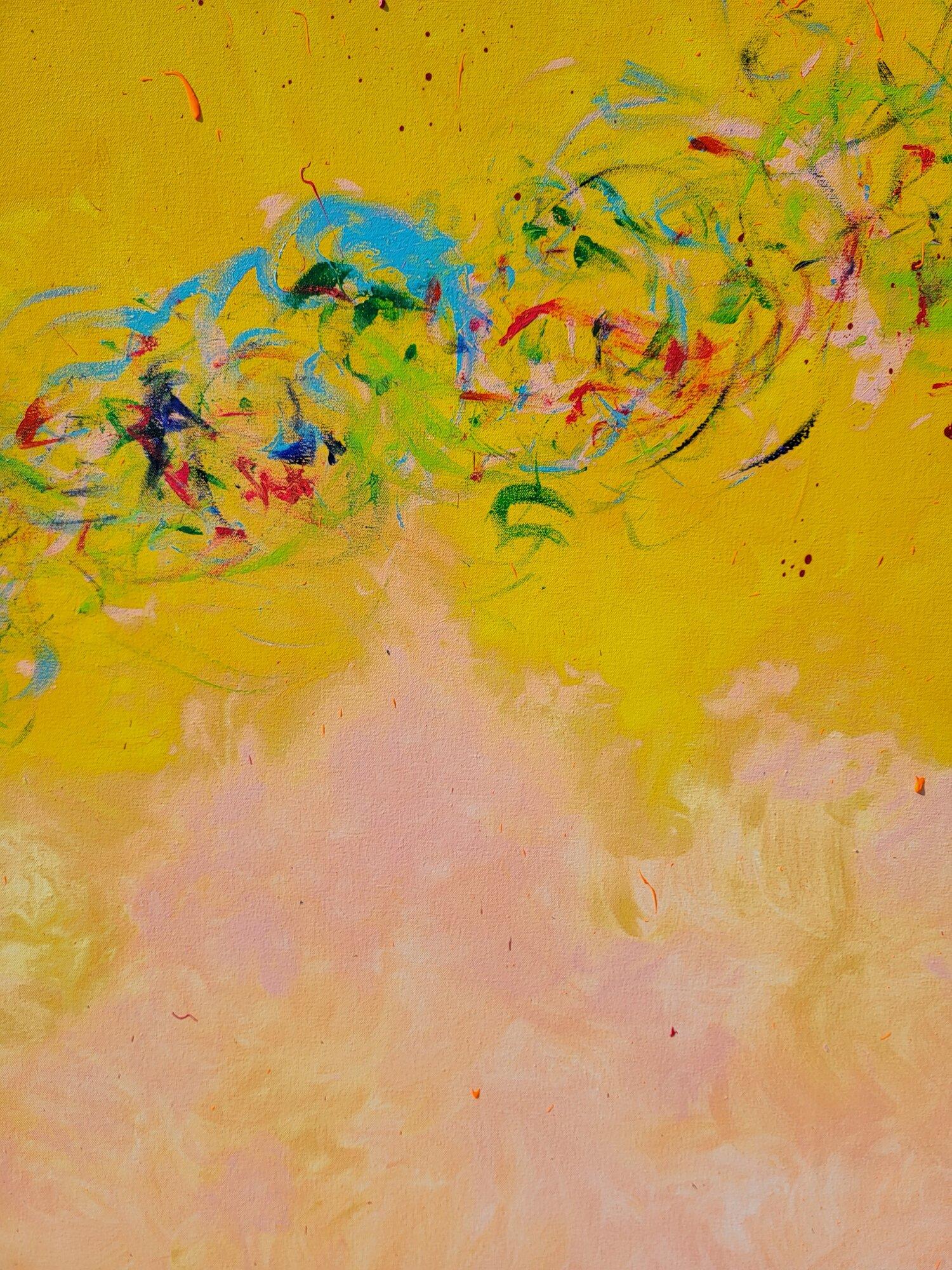 A Bright Momentum, Abstract Contemporary Acrylic Painting on Panel
This is a finger painted, original painting. 
Created in Los Angeles, CA 
Professional grade acrylic paint on wood panel
Ready to hang with wires and D ring
Signed on the back