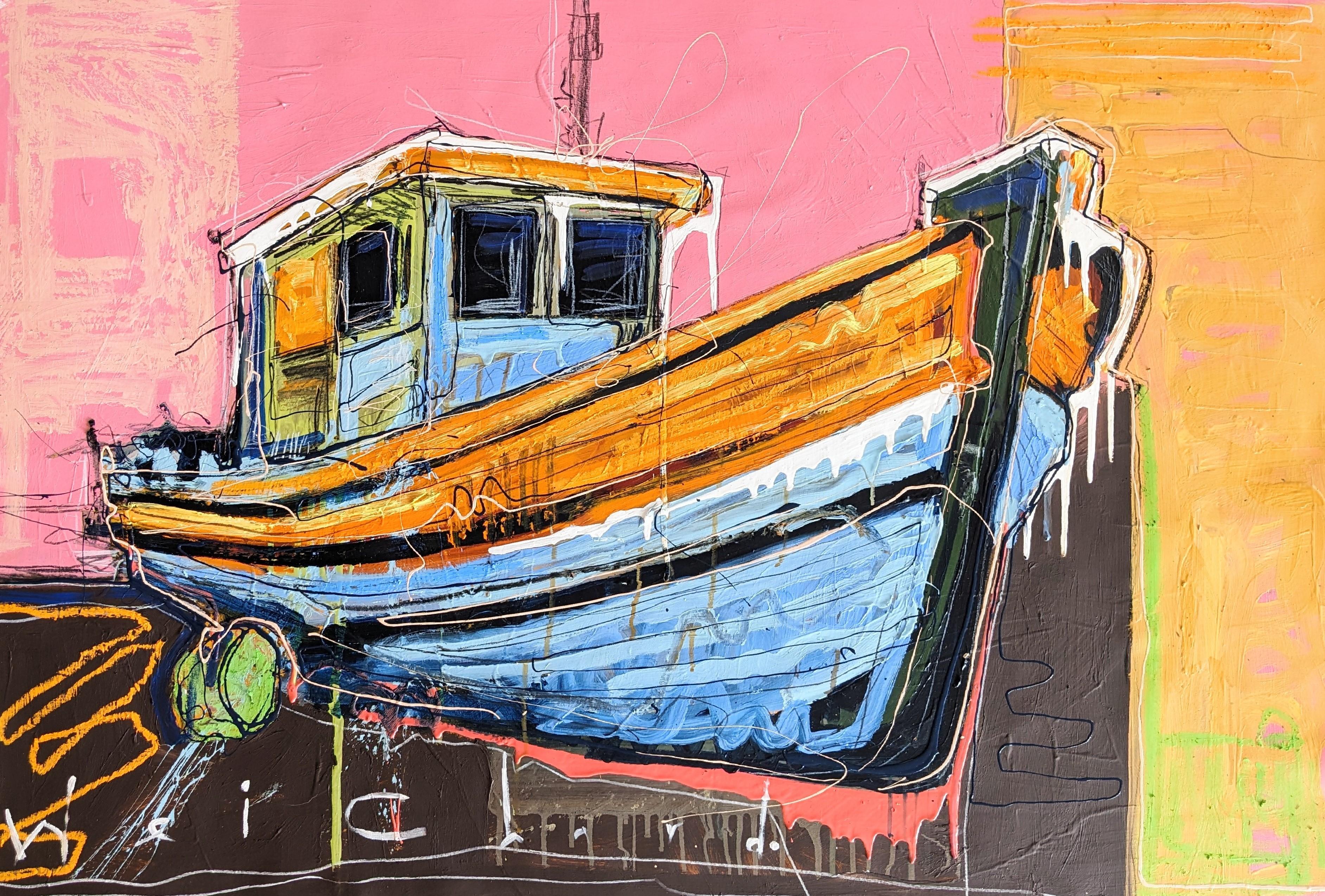 "Beached" vibrant, textured abstract of a small boat coming a shore
