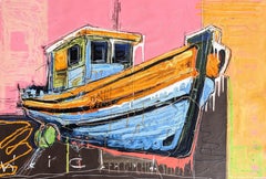 "Beached" vibrant, textured abstract of a small boat coming a shore