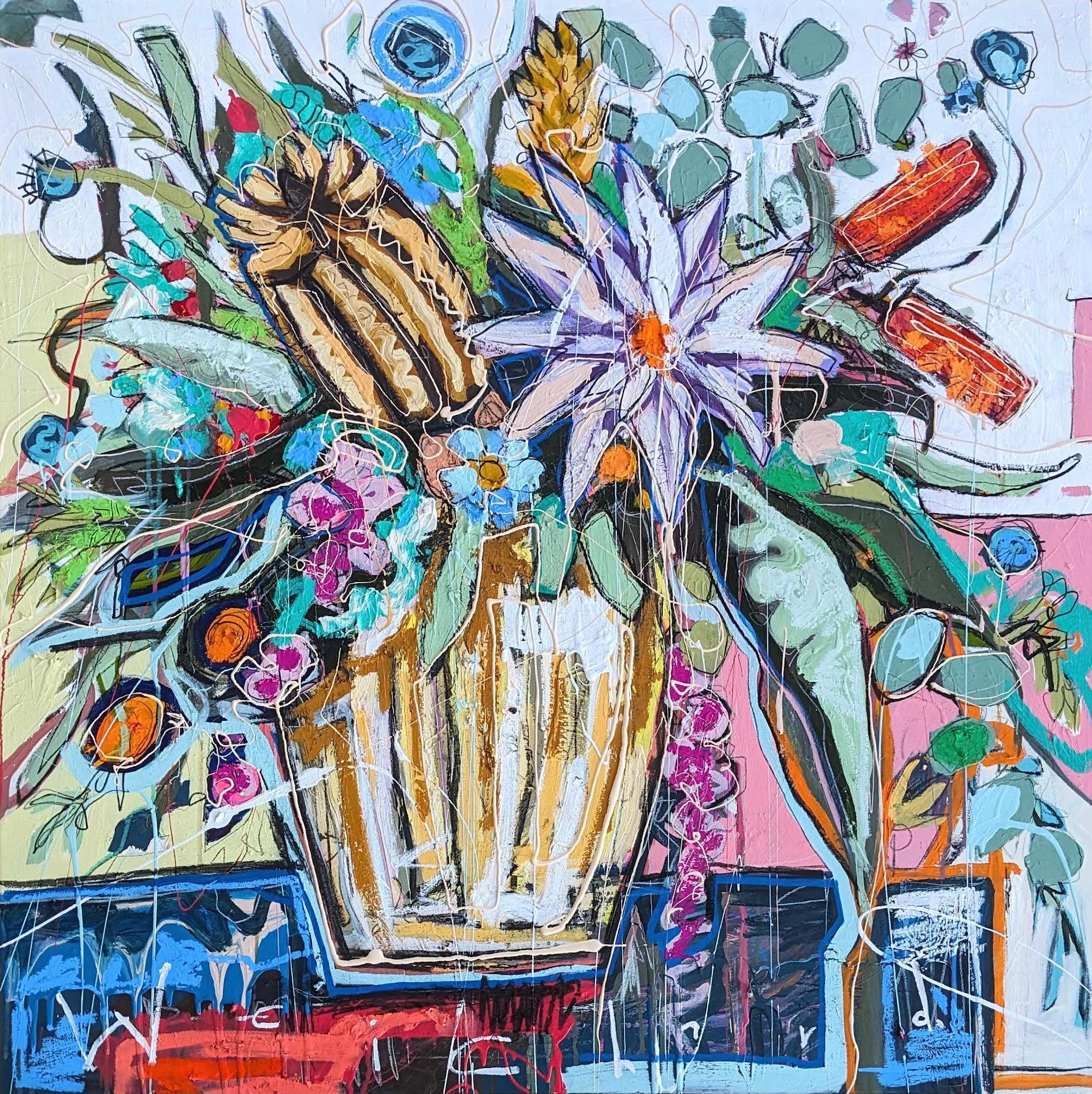 "Every Bloom #2" Buntes, abstrahiertes, strukturiertes Blumenbouquet in einer Vase
