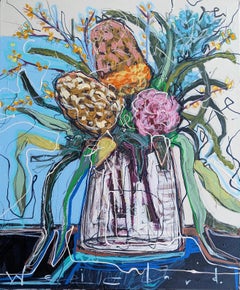 "Every Bloom #3" Bunter, heller, abstrahierter Blumenstrauß in einer Vase.