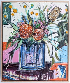 "Every Bloom #4" Bunter, heller, abstrahierter Blumenstrauß in einer Vase.