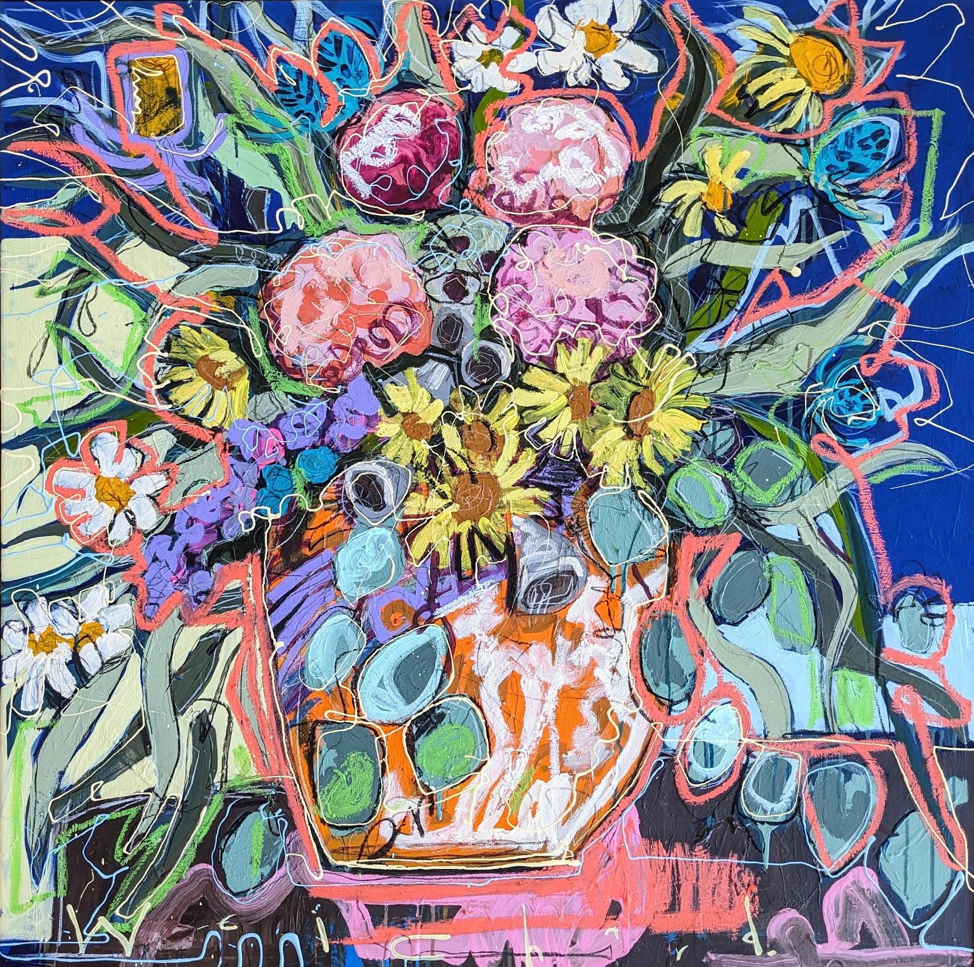"Every Bloom #5" Bunte, abstrahierte, strukturierte Blumen in einem Strauß – Mixed Media Art von Aidan Weichard
