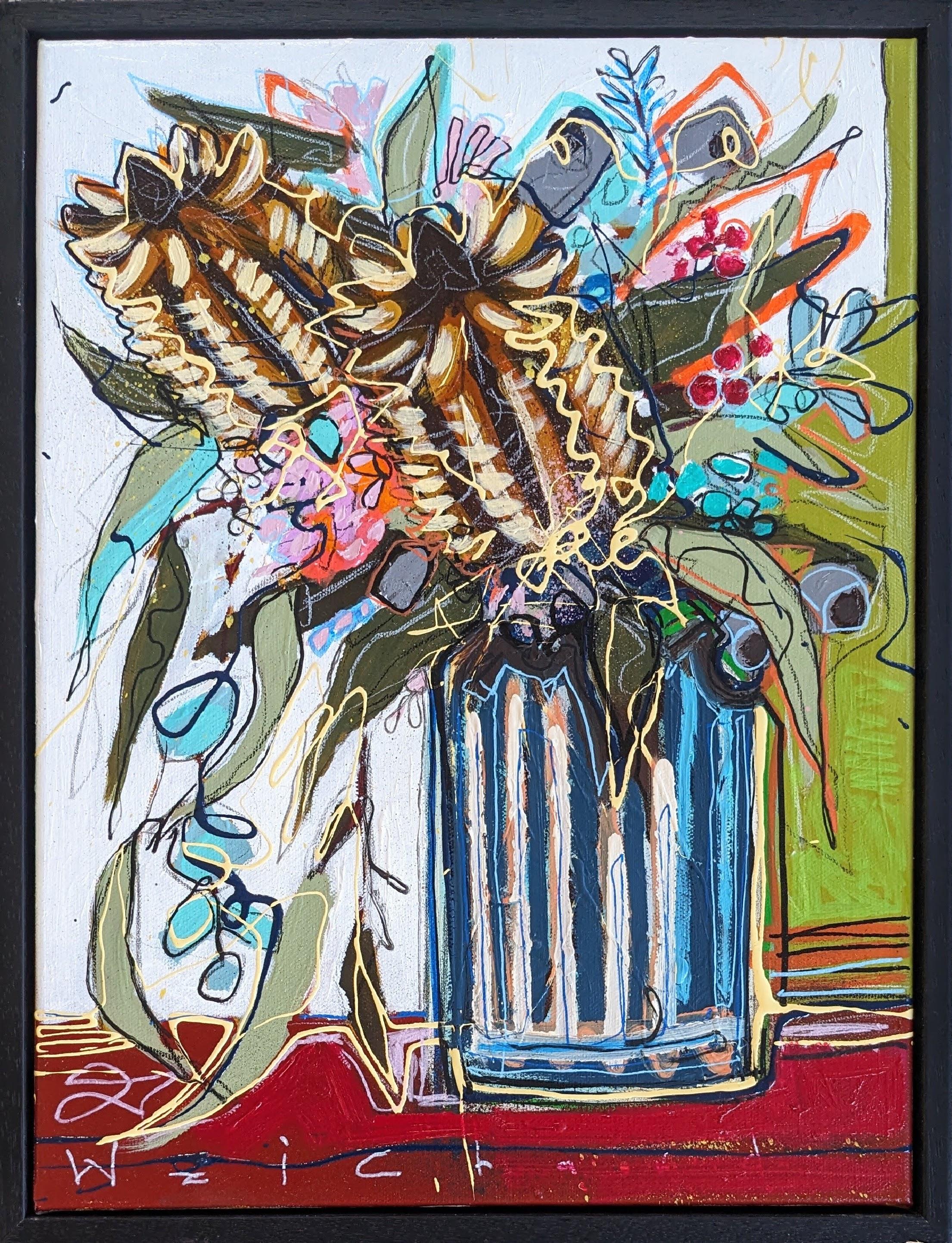 "Native Study #3" Colorido, brillante y abstraído ramo de flores en un jarrón