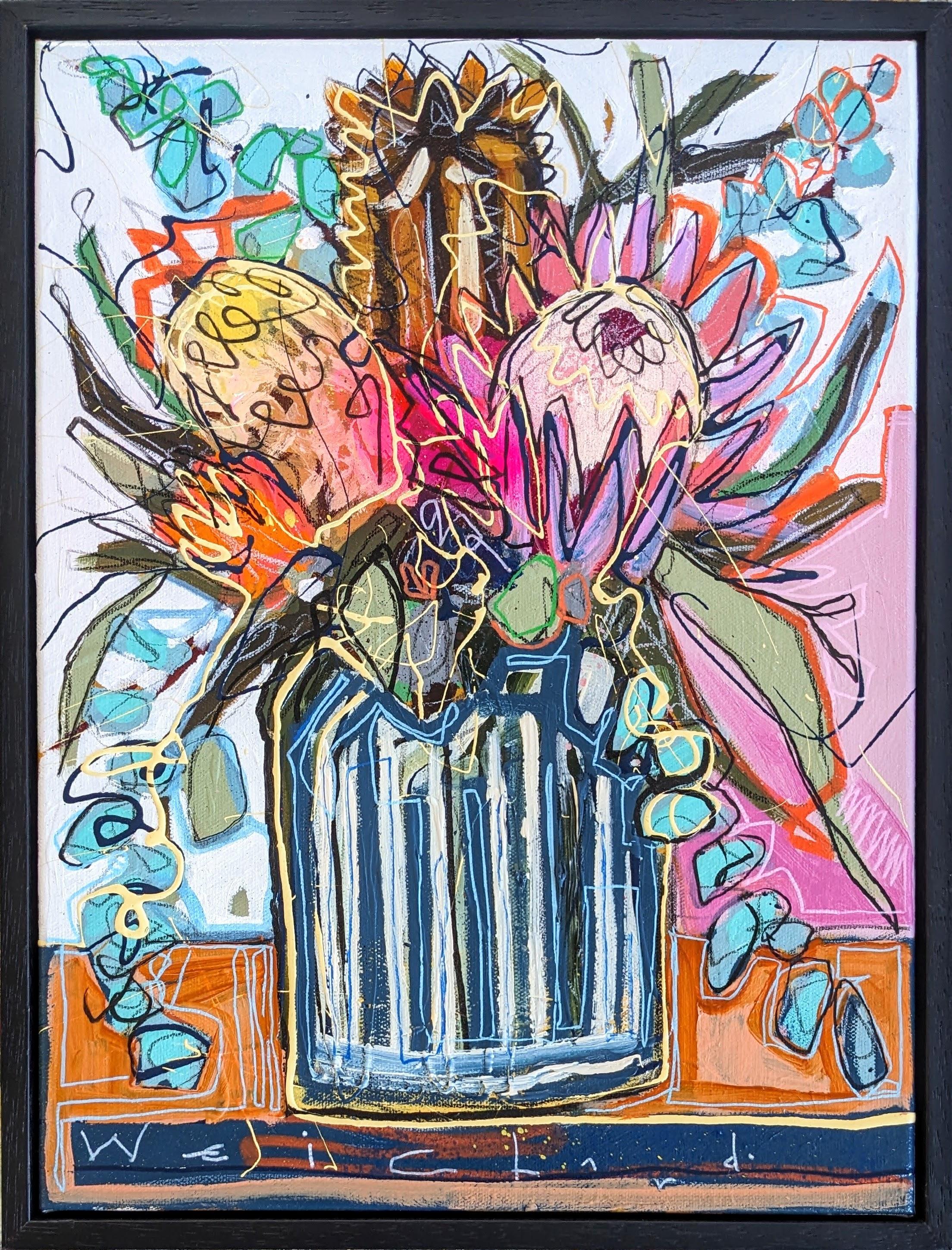 Abstract Painting de Aidan Weichard - "Native Study #4" Colorido, brillante y abstraído ramo de flores en un jarrón