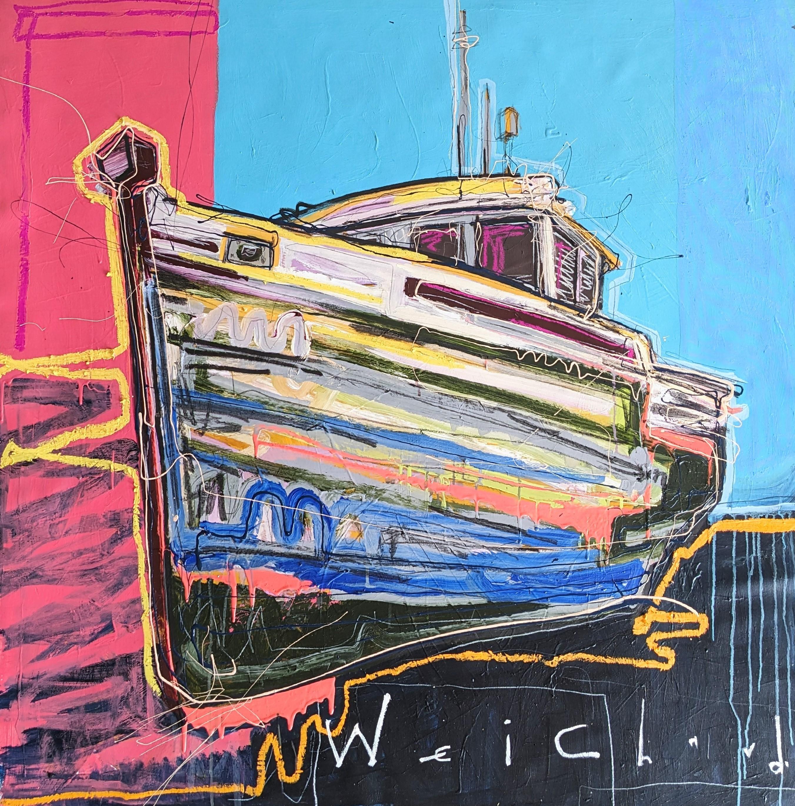 "Old Faithful" colorful abstract of the bow of a boat approaching shore - Mixed Media Art by Aidan Weichard