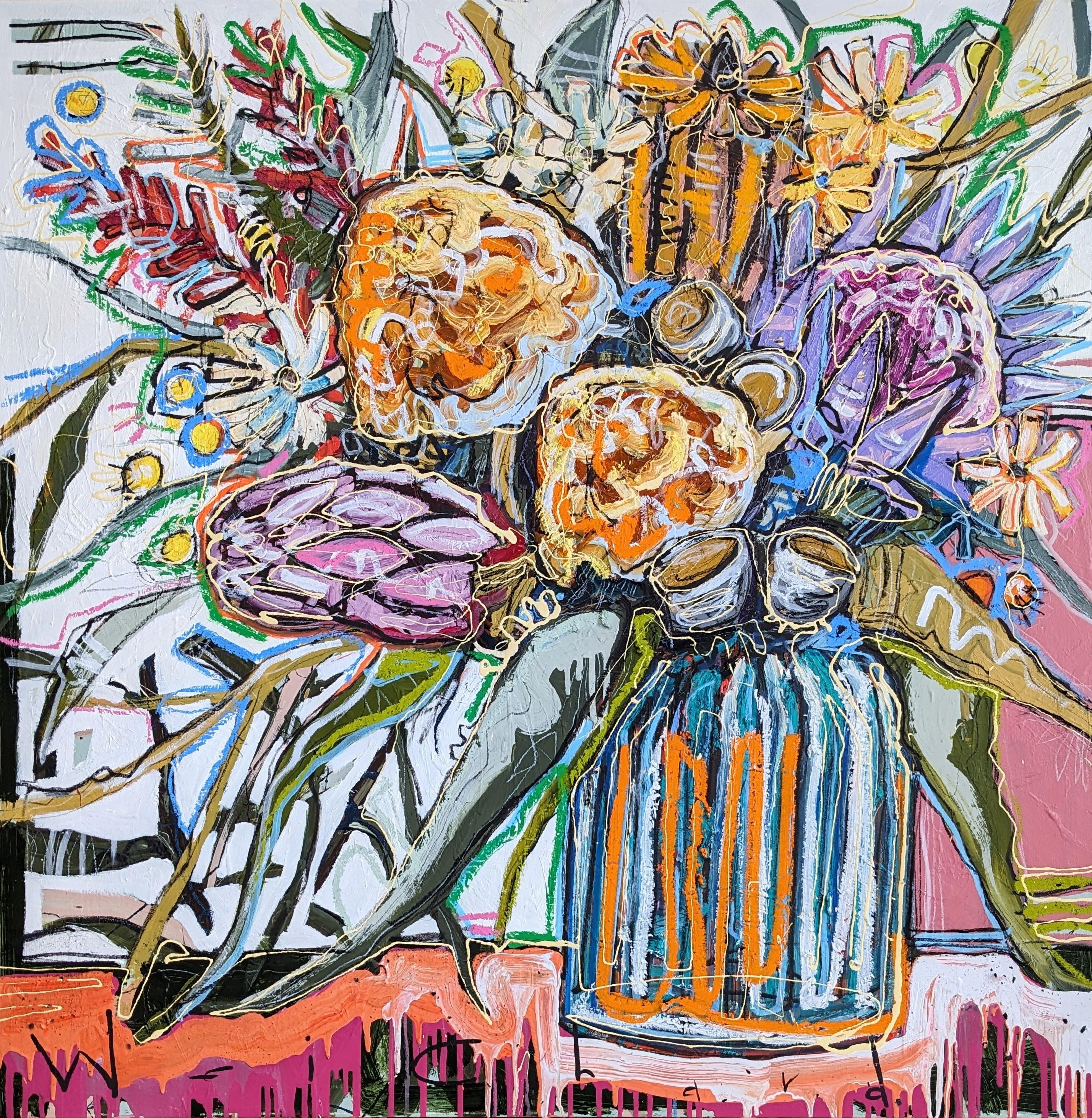 Aidan Weichard Still-Life Painting - "Should Have Bought You Flowers #18" colorful, bright, abstracted flower bouquet