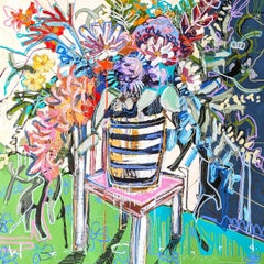 "Sundays are for Sitting", wildflowers spill out of a vase, brightening the room