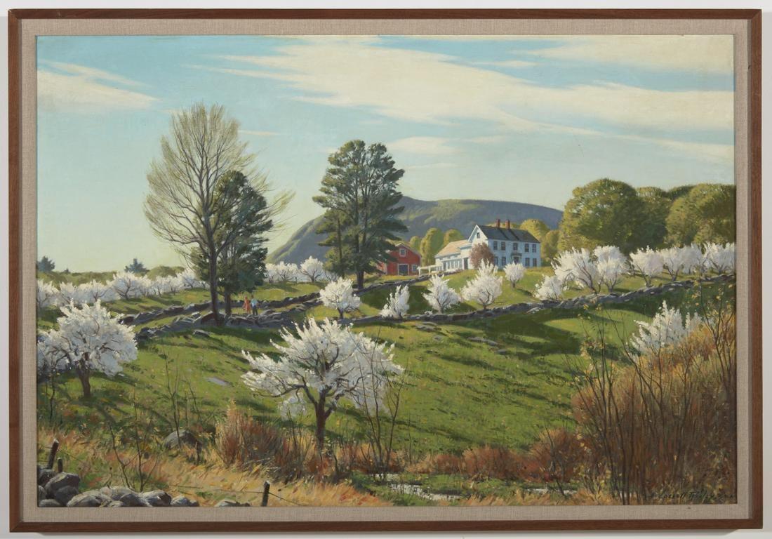 „Spring Pastoral Landscape“, A. Lassell Ripley, Farm with Blossoms, Neuengland – Painting von Aiden Lassell Ripley