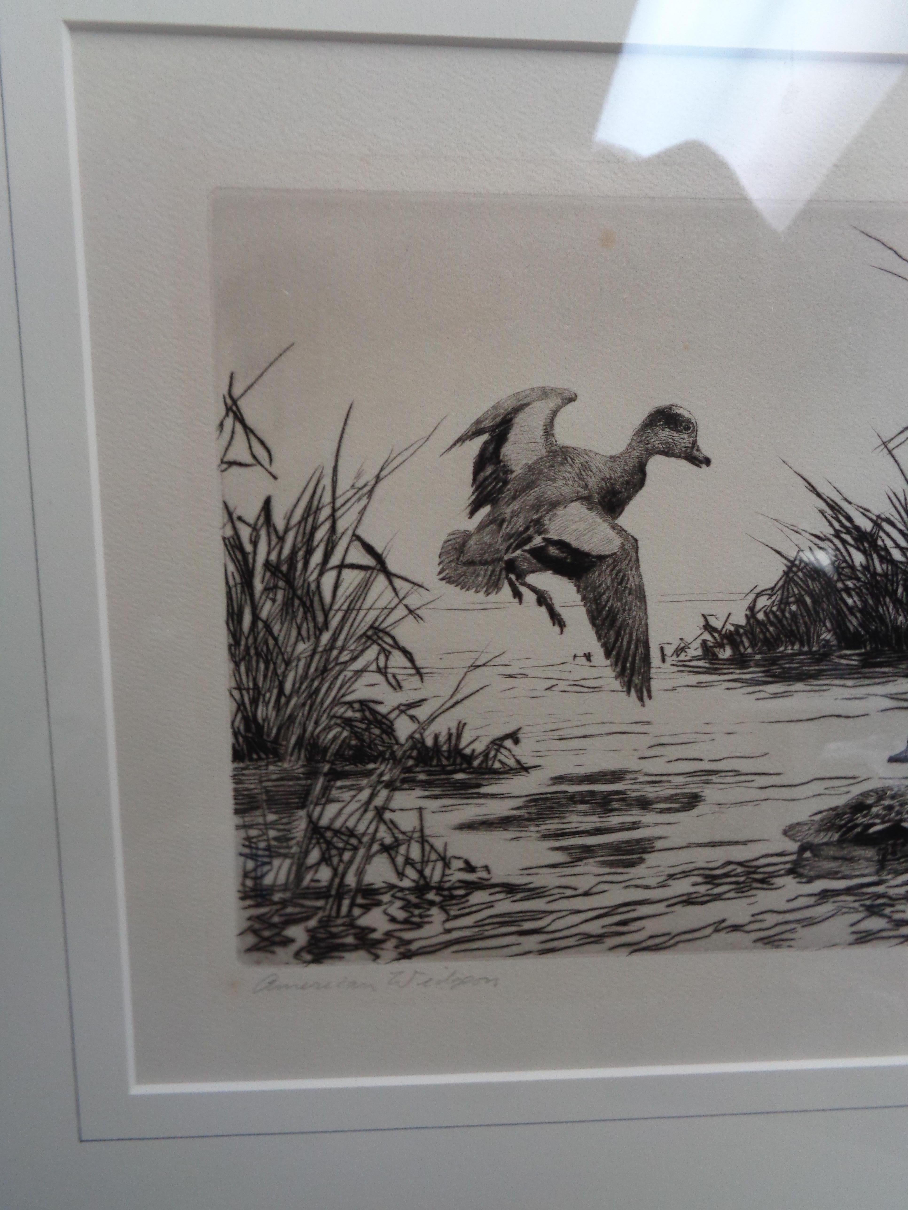 American Widgeon 1942 Federal Duck Stamp Print Etching by Aiden Lassell Ripley
Framed as pictured and looks to be an acid free mat. Not examined out of frame since it came ready to hang as is.
 Moderate discoloration from age, otherwise very