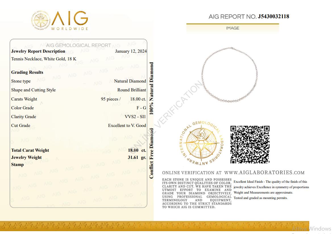 Women's AIG 18.00 ct White Diamonds Tennis Graduated Necklace F - VVS2 18Kt White Gold For Sale