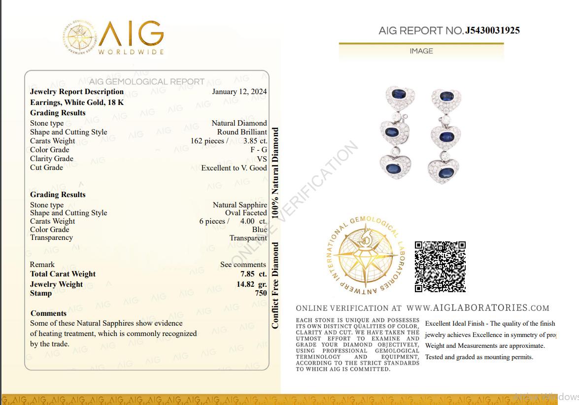 Oval Cut  AIG 4.00 ct Blue Sapphires 3.85 ct Pavé Diamonds F - VS Heart Pendant Earrings For Sale