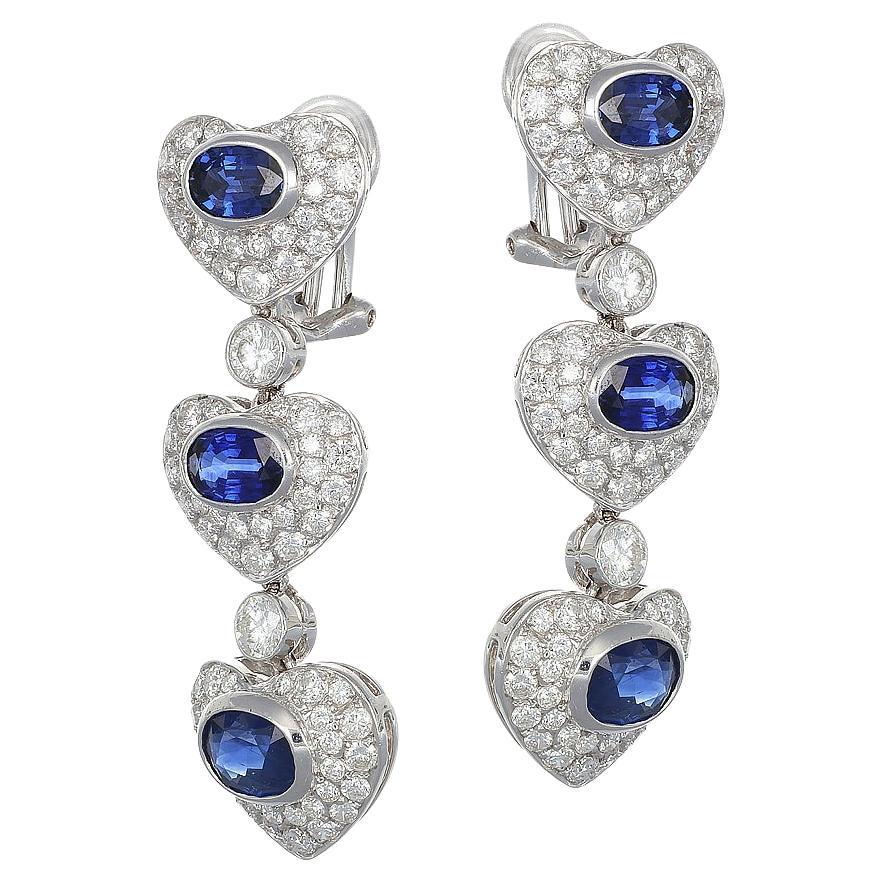  AIG 4.00 ct Blue Sapphires 3.85 ct Pavé Diamonds F - VS Heart Pendant Earrings For Sale