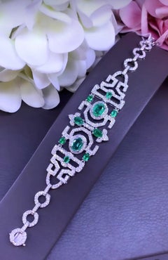 AIG 5.70 Carats Zambian Emeralds  3.45 Ct Diamonds 18K Gold Bracelet