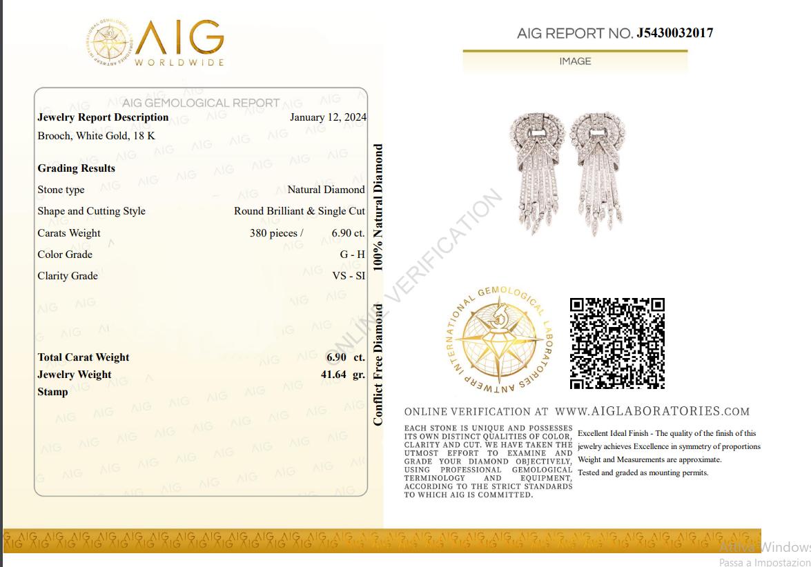 AIG 6,90 ct Weiße Diamanten Schleife Broschen Brillant & Einzelschliff Vintage-Anhänger im Angebot 2