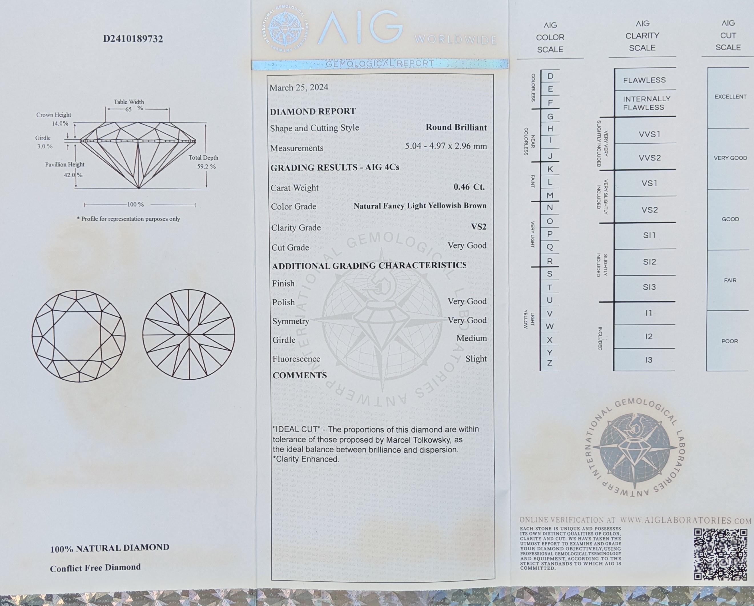 Round Cut AIG Certified 0.46ct Natural Round Brilliant Diamond - Clarity Enhanced For Sale