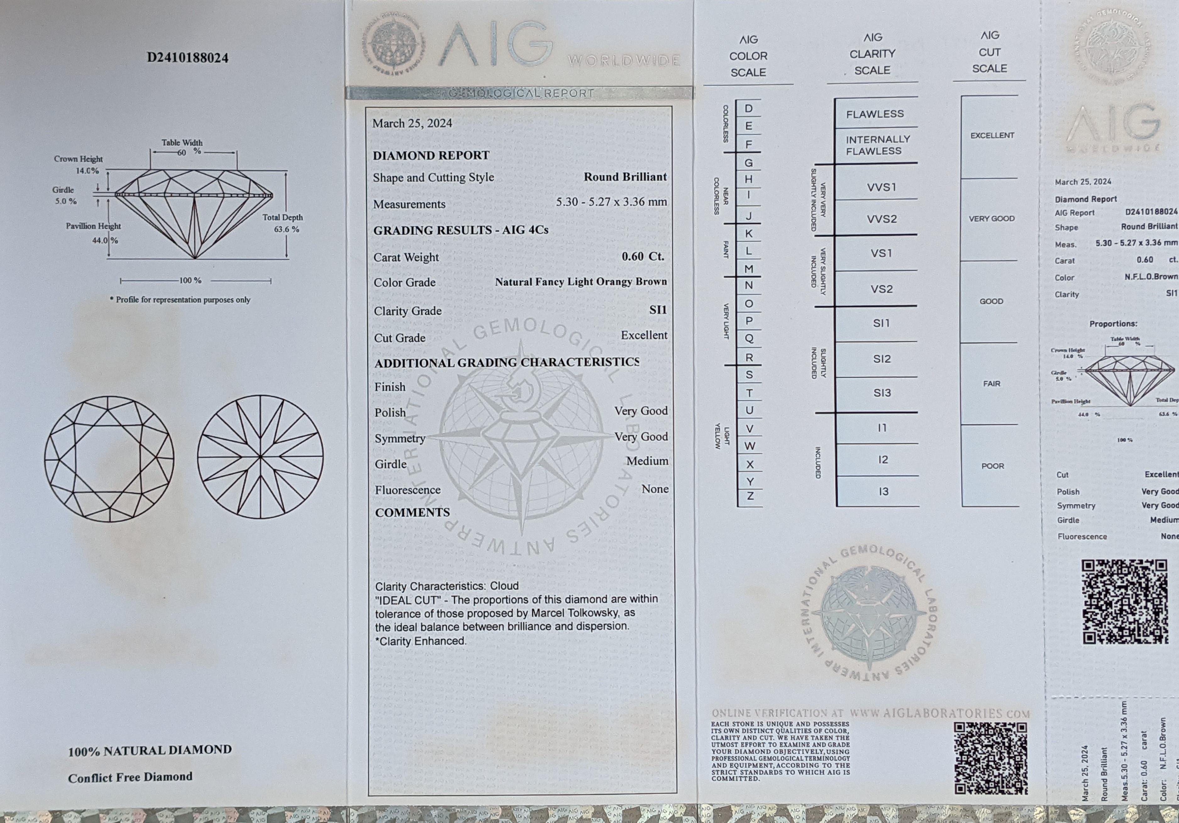 No Reserve Price!

Shape: Round Brilliant	

Carat: 0.60ct

Clarity: SI1*
* This diamond has undergone clarity enhancement, which is reflected in its grading. The assessment is typically based on its visual appearance rather than the actual presence