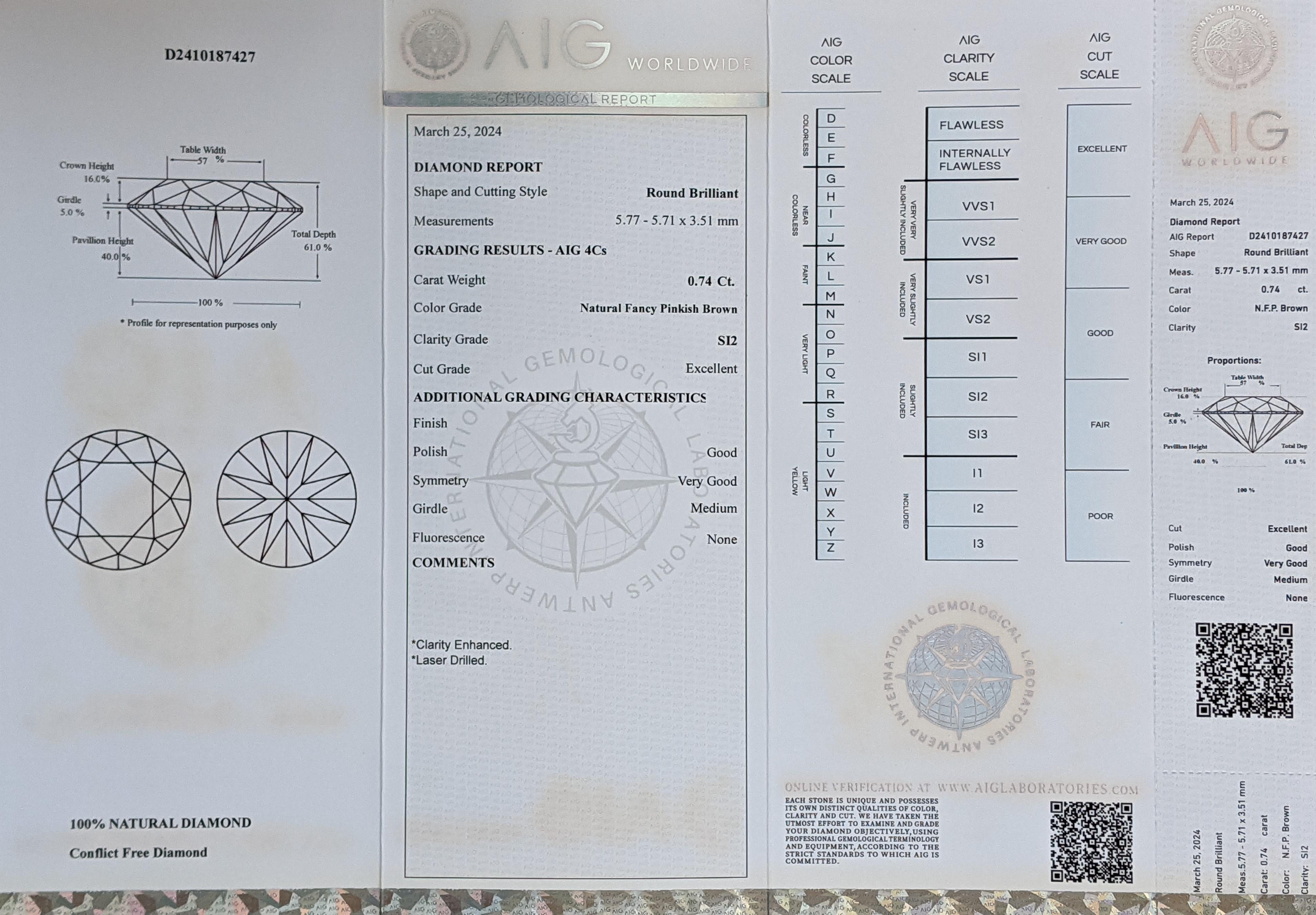 ¡Sin precio de reserva!

Forma: Redonda brillante	

Quilate: 0,74ct

Claridad: SI2*
* Este diamante ha sido sometido a una mejora de claridad, que se refleja en su graduación. La evaluación suele basarse en su aspecto visual más que en la presencia