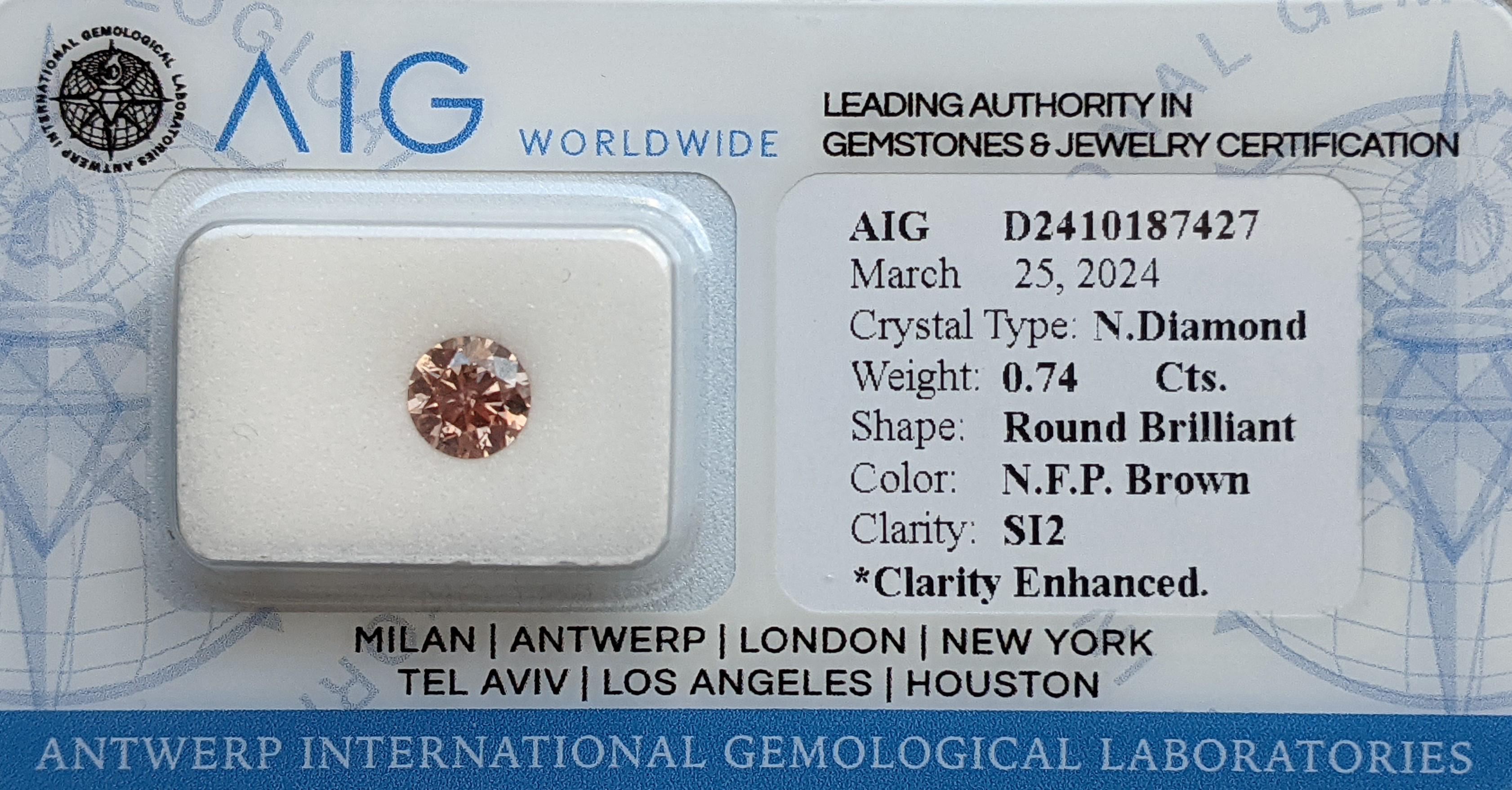 Diamante Brillante Redondo Natural Certificado AIG de 0.74ct - Claridad Mejorada Corte redondo en venta