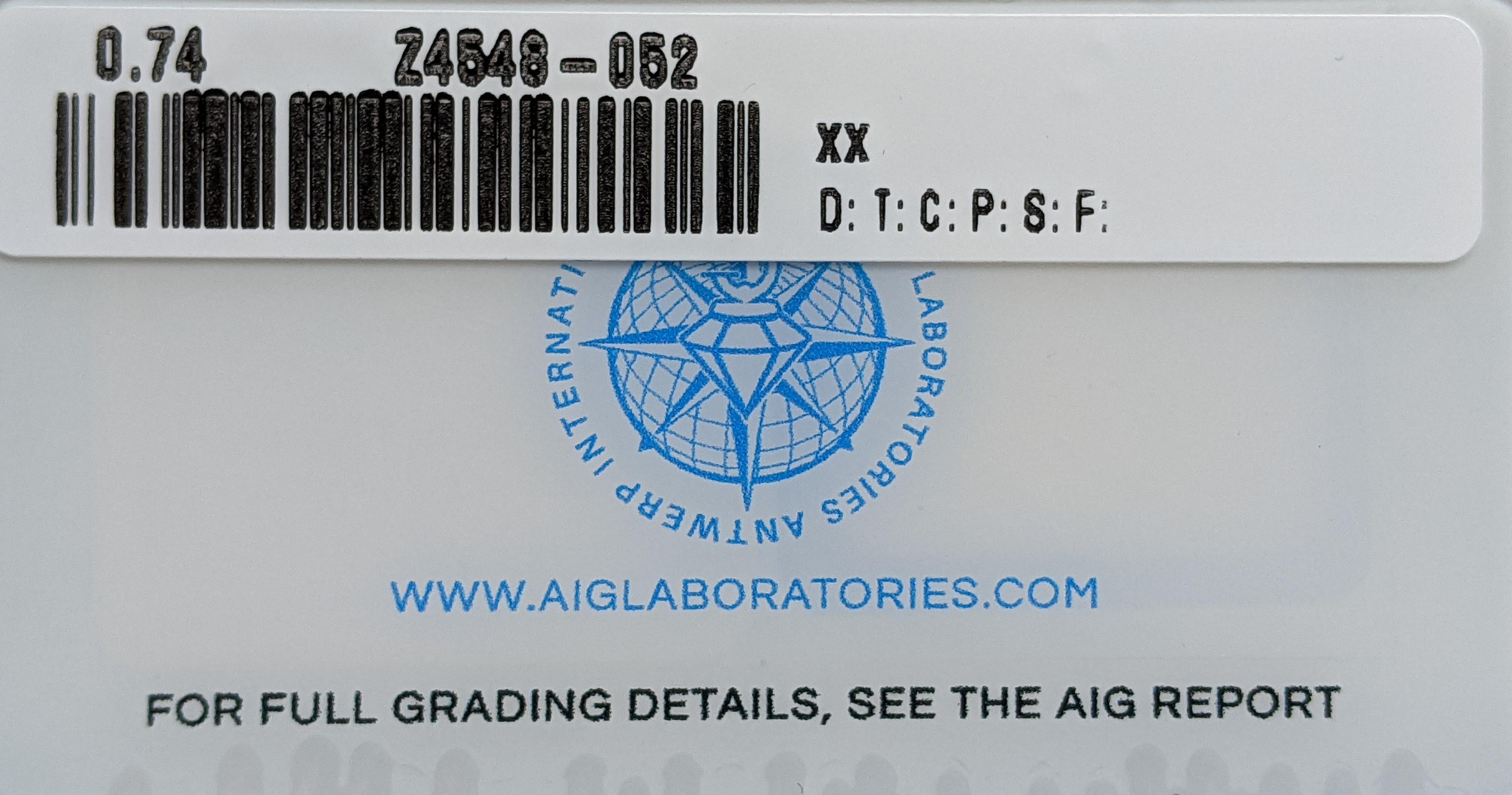 Femenino o masculino Diamante Brillante Redondo Natural Certificado AIG de 0.74ct - Claridad Mejorada en venta