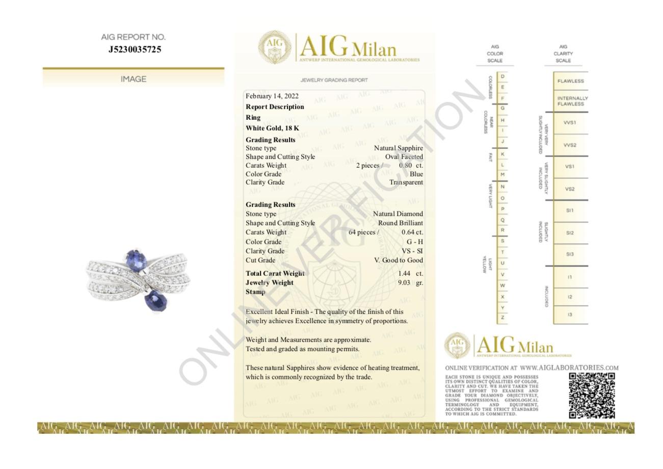 AIG certified 0.80 carat sapphires - 0.64 carat round brillant cut diamonds ring For Sale 10