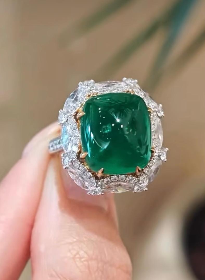 Sugarloaf Cabochon AIG Certified 10.00 Carat Zambian Emerald 3.00 Ct Diamonds 18K Gold Ring For Sale