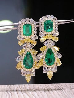 Certified 10.00 Ct Zambian Emeralds Diamonds Chandelier Earrings