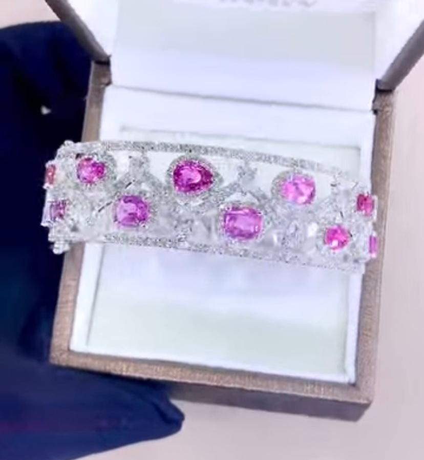 AIG Certified 10.00 Ct Untreated Ceylon Pink Sapphires 5.80 Ct Diamonds Bracelet For Sale 4