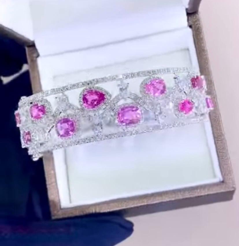 AIG Certified 10.00 Ct Untreated Ceylon Pink Sapphires 5.80 Ct Diamonds Bracelet For Sale 2