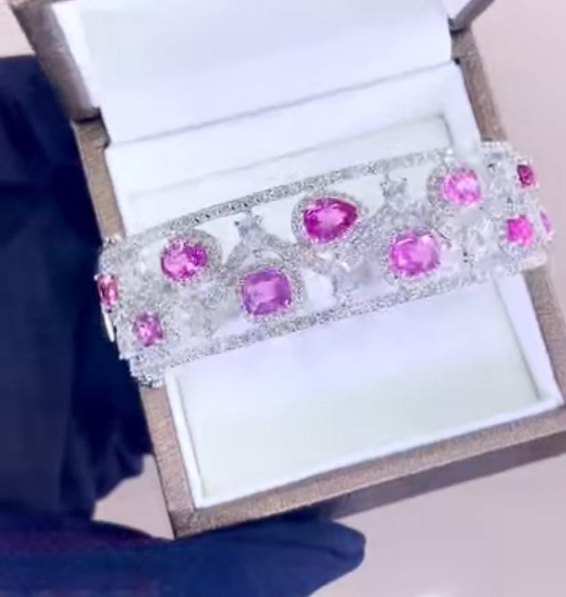 AIG Certified 10.00 Ct Untreated Ceylon Pink Sapphires 5.80 Ct Diamonds Bracelet For Sale 3