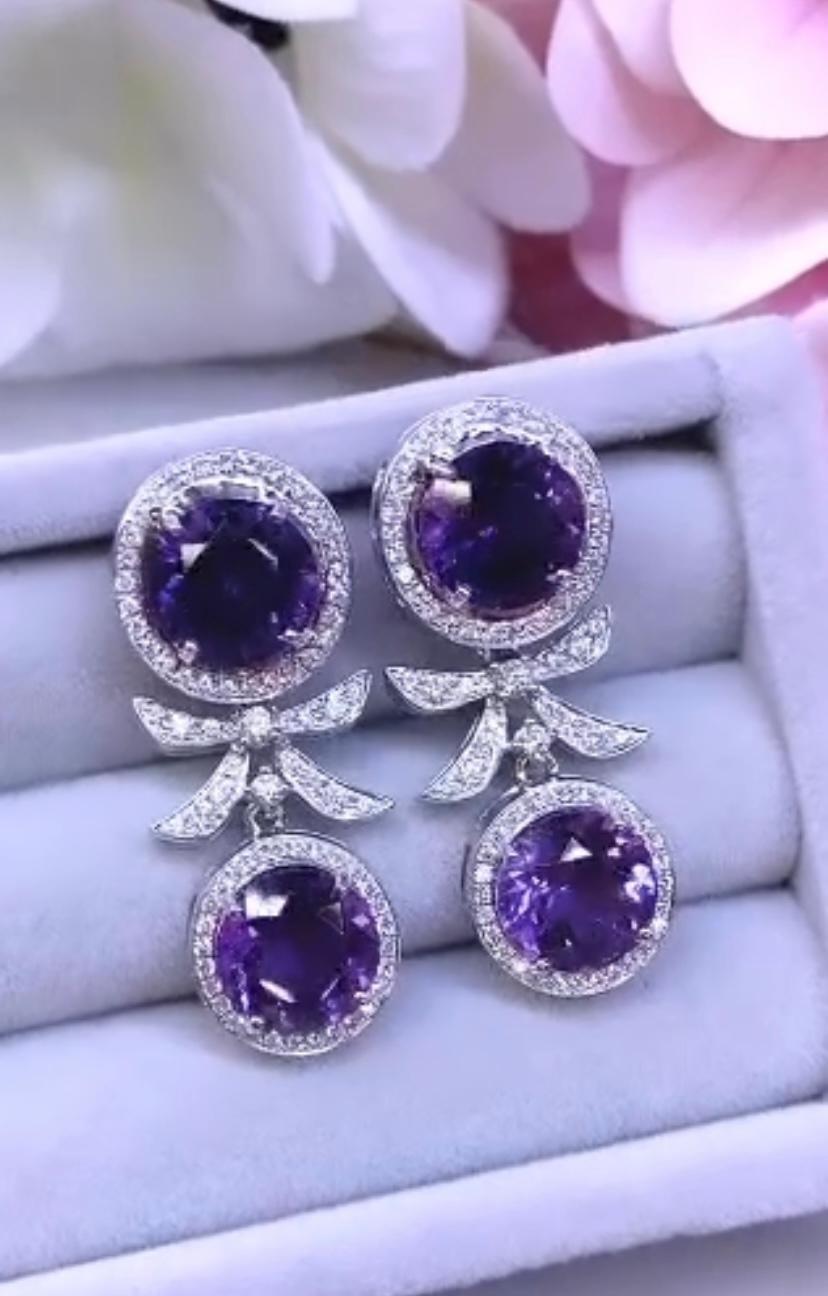 AIG Certified 10.90 Ct Untreated Amethyst  1.20 Ct Diamonds 18K Gold  Earrings  In New Condition In Massafra, IT