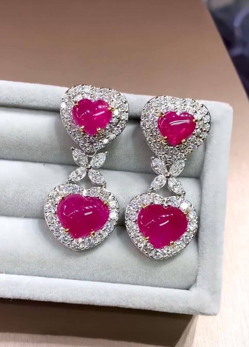 Heart Cut AIG Certified 10.90 Cts Burma Rubies  4.00 Ct Diamonds 18K Gold Earrings For Sale