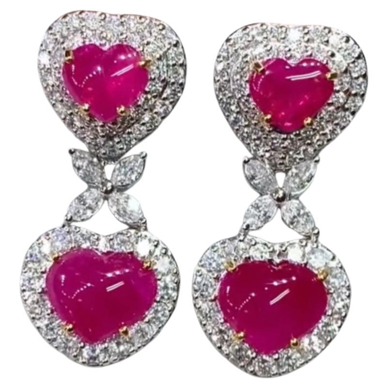 AIG Certified 10.90 Cts Burma Rubies  4.00 Ct Diamonds 18K Gold Earrings 