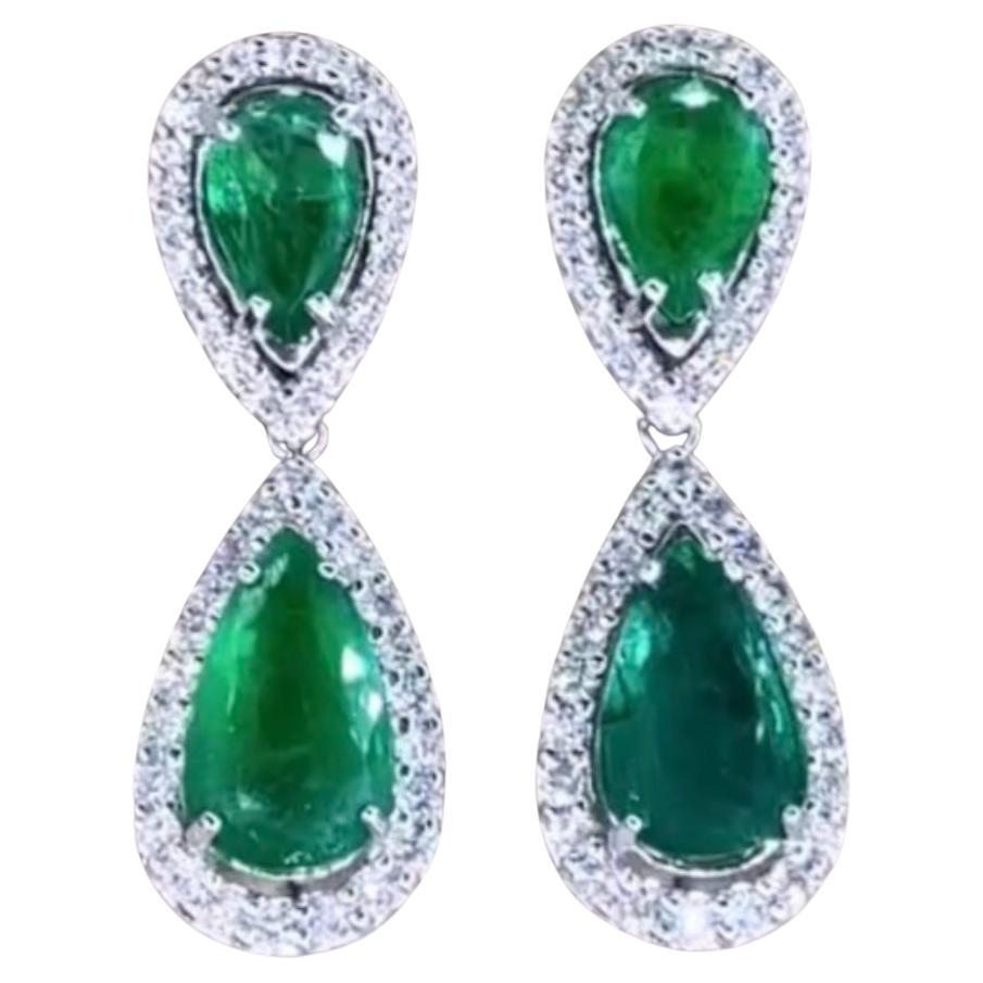 AIG Certified 11.00 Carats Zambian Emeralds 2.30 Ct Diamonds 18K Gold Earrings