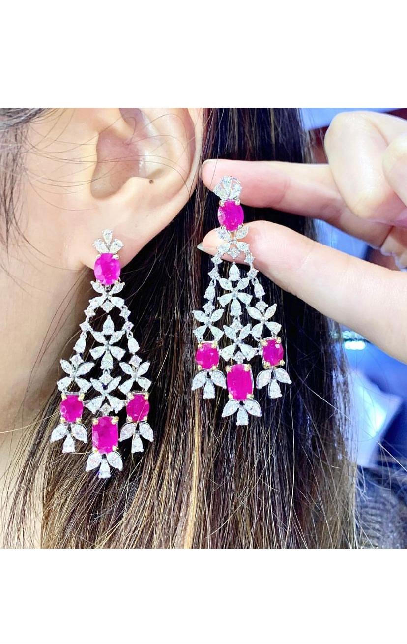 AIG Certified 11.08 Carats Burma Rubies 7.83 Carats Diamonds 18K Gold Earrings For Sale 2
